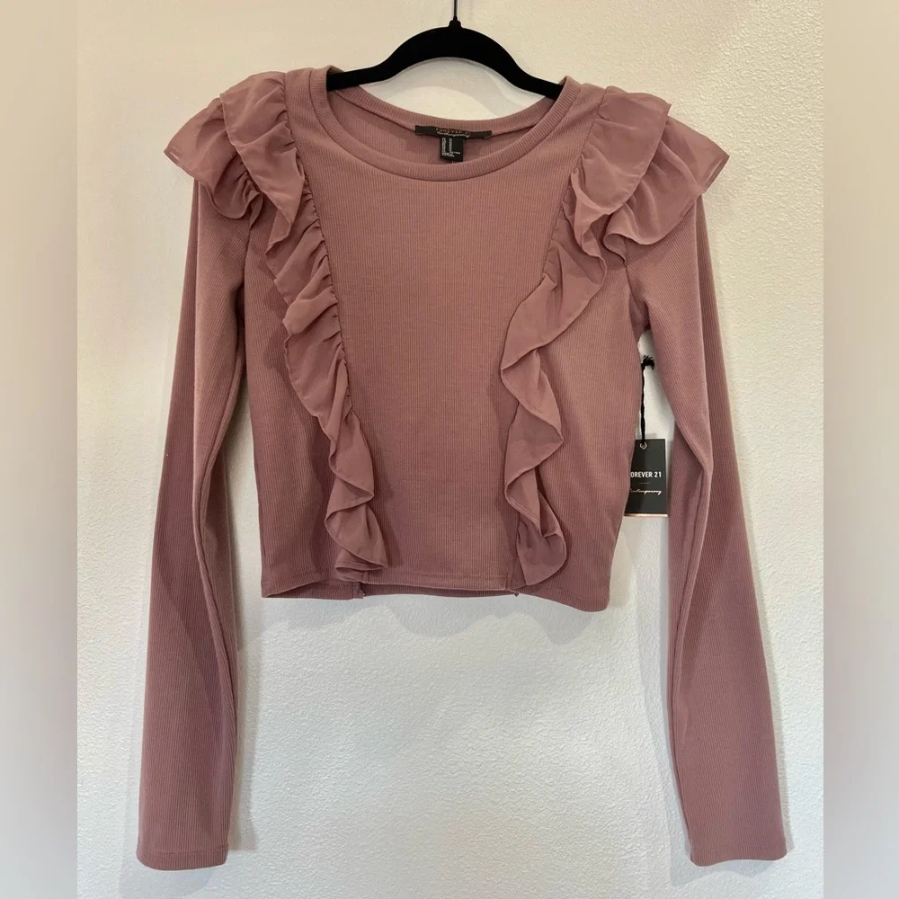 FOREVER 21 Mauve Ruffled Knit Long Sleeve- Size M - Picture 1 of 5